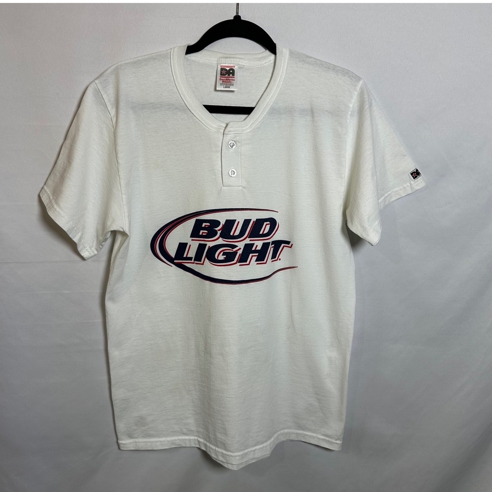 VTG Don Alleson Athletic Bud Light short sleeve Henley t shirt L White